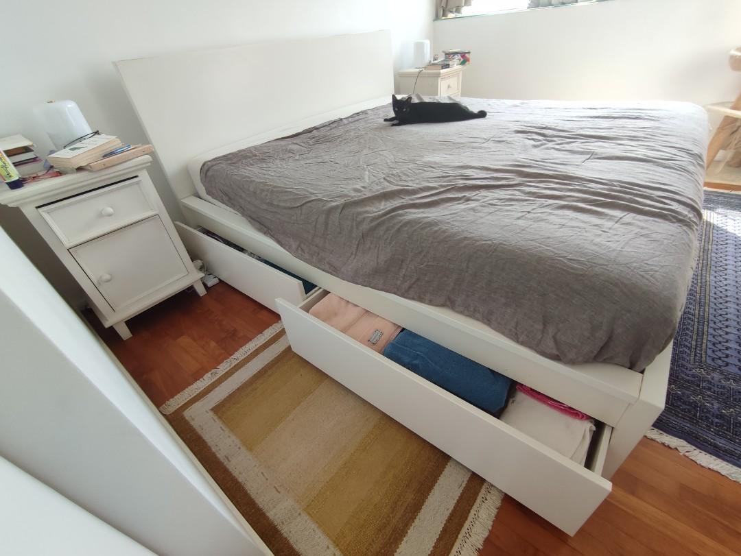 Ikea Malm king size bed and mattress with drawers, Furniture & Home