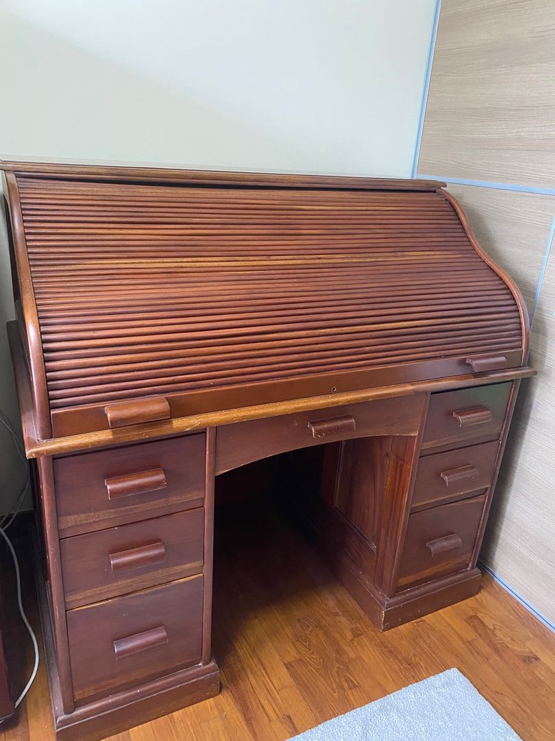 Teak Roll Top Desk, Furniture & Home Living, Furniture, Shelves, & Racks on Carousell