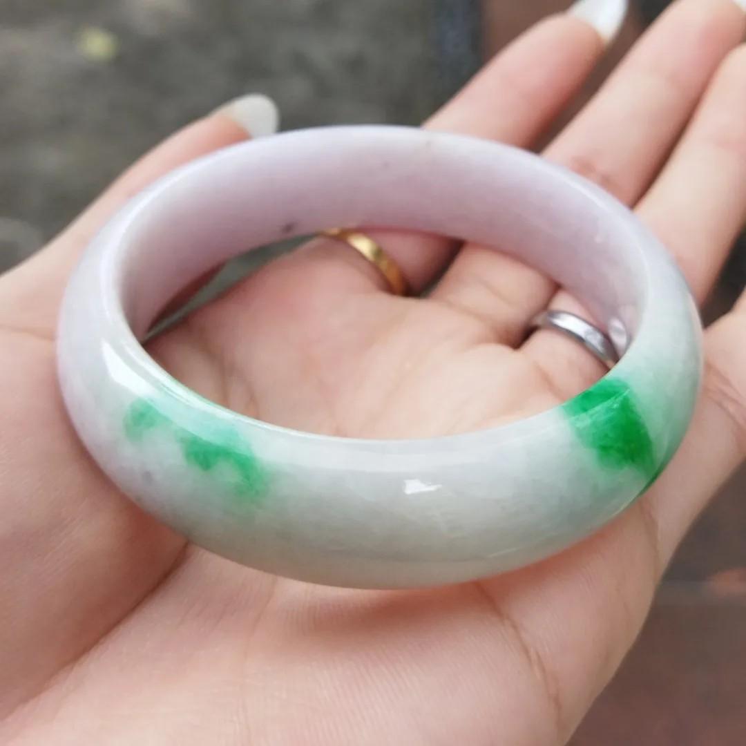 Type A Tri colour Lavender and white with twin imperial green veins Jadeite Jade bangle size 55.2mm