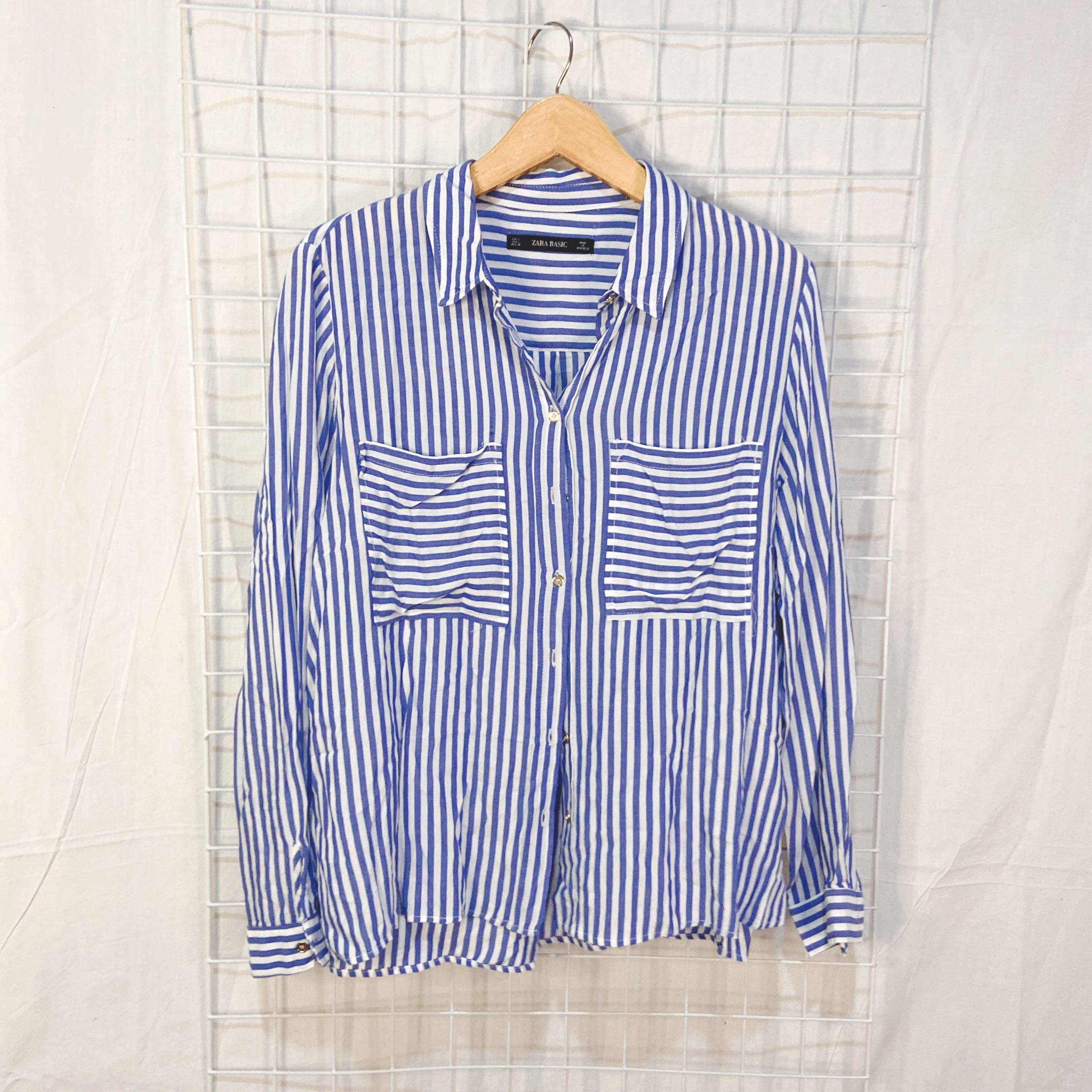 ZARA BLUE STRIPED SHIRT, Fesyen Wanita 