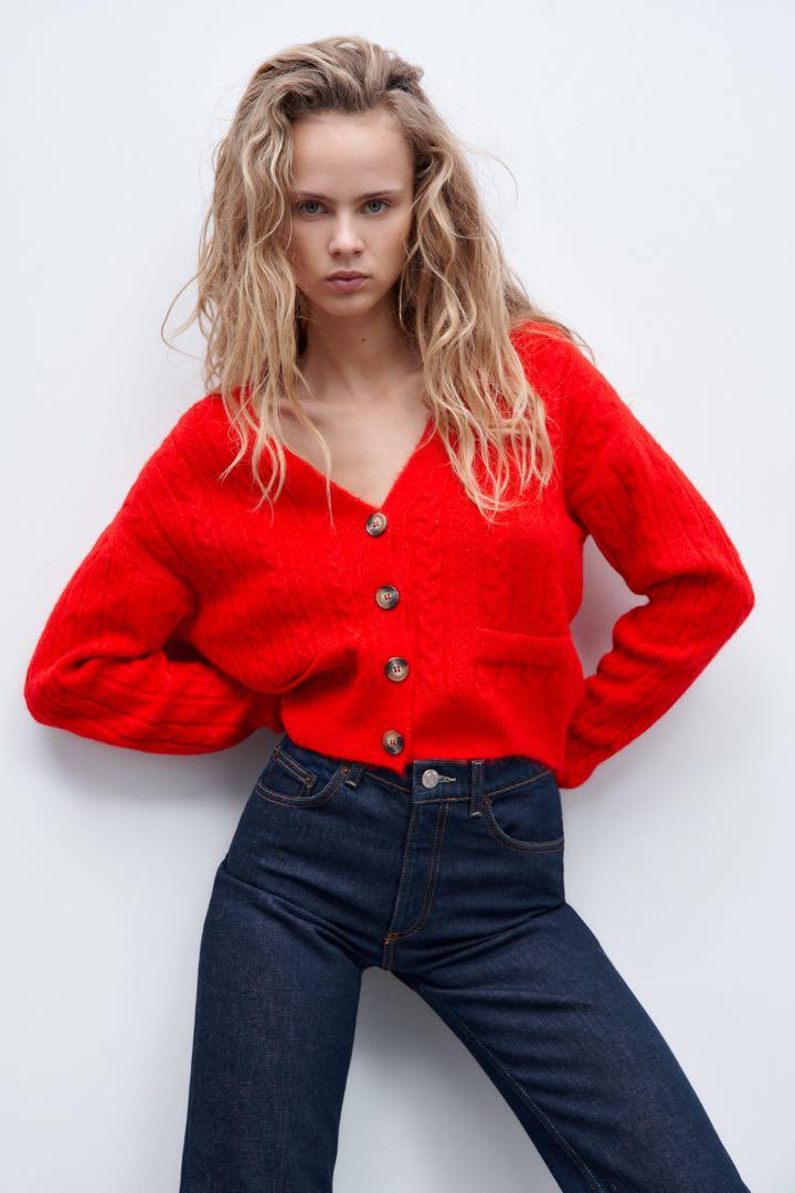 Zara Red Knit Cardigan, Women's Fashion, Tops, Blouses on Carousell