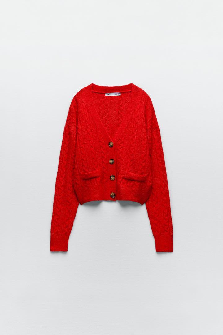 Mango cable knitted cardigan in red