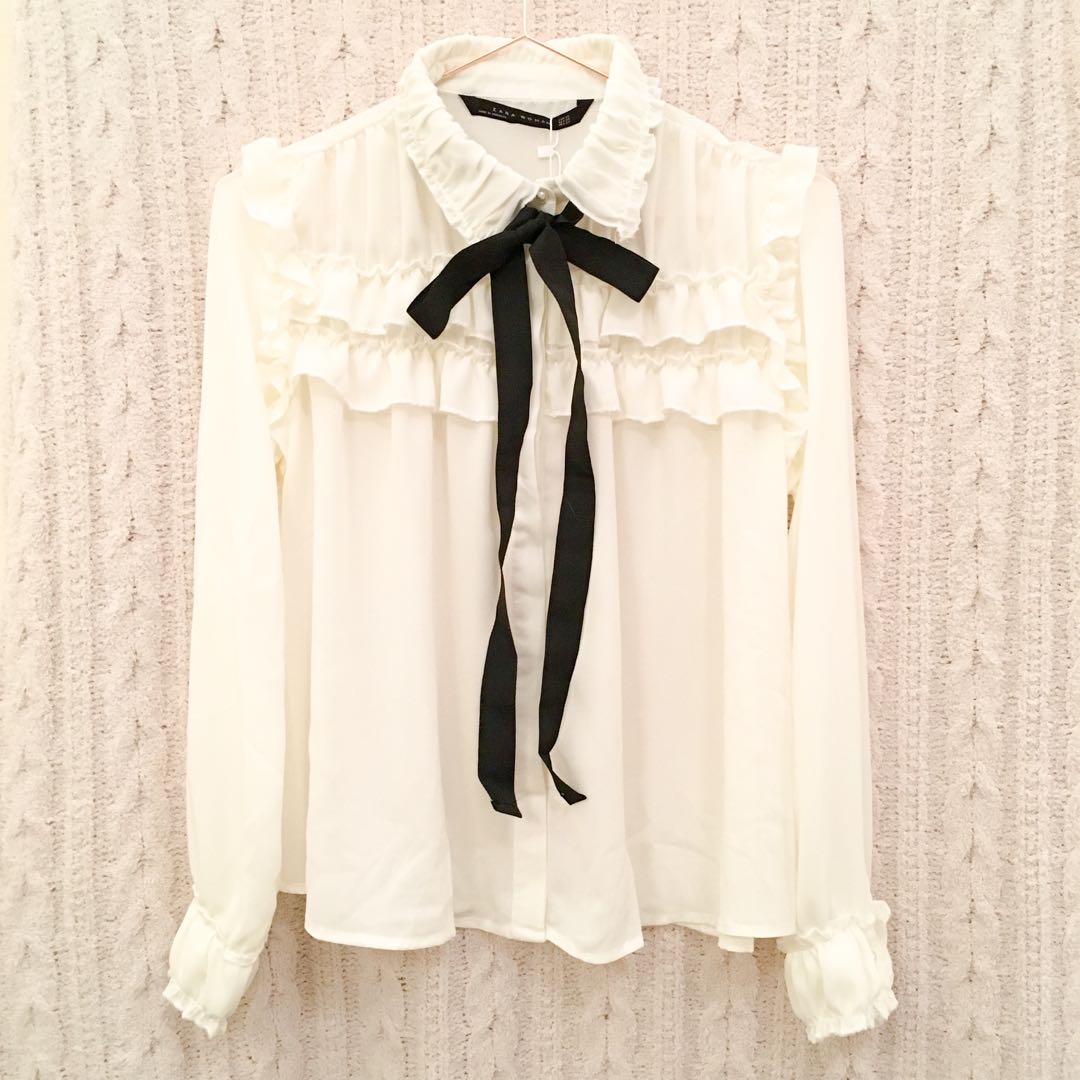 Ruffled blouse with bow zara sale