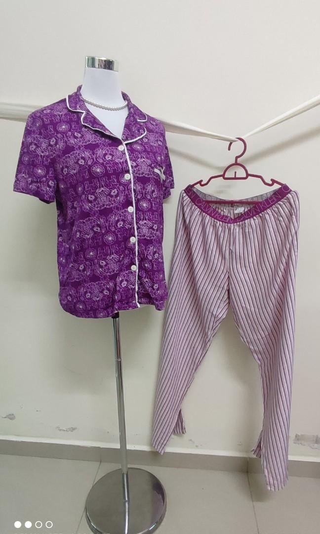 Calvin Klein Purple Striped Pyjama Pants Fabulous Just Like You Elephant Floral Button Up Top Comfy Soft Short Sleeve Mix Match Set
