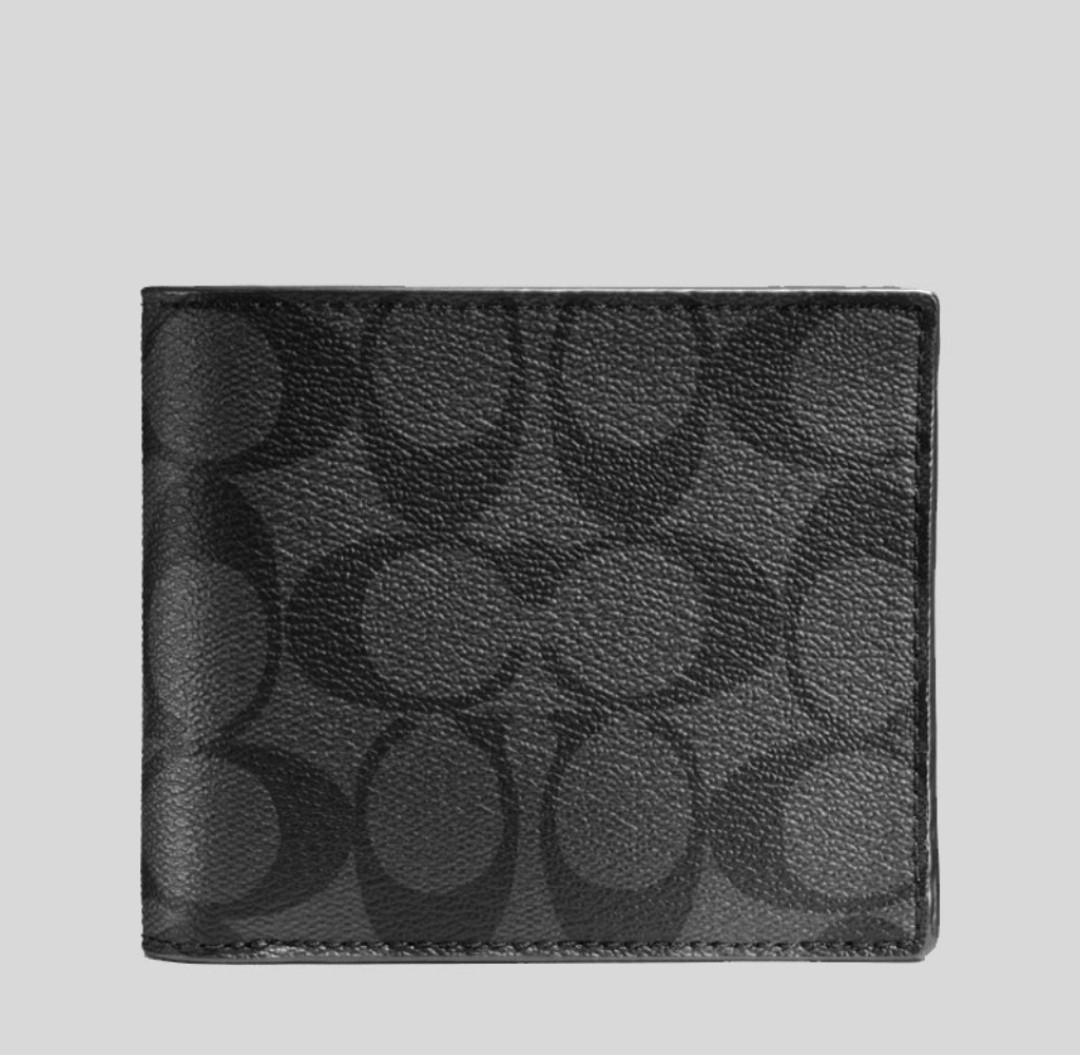 Coach Compact ID Wallet In Signature Coated Canvas Black, Men's Fashion