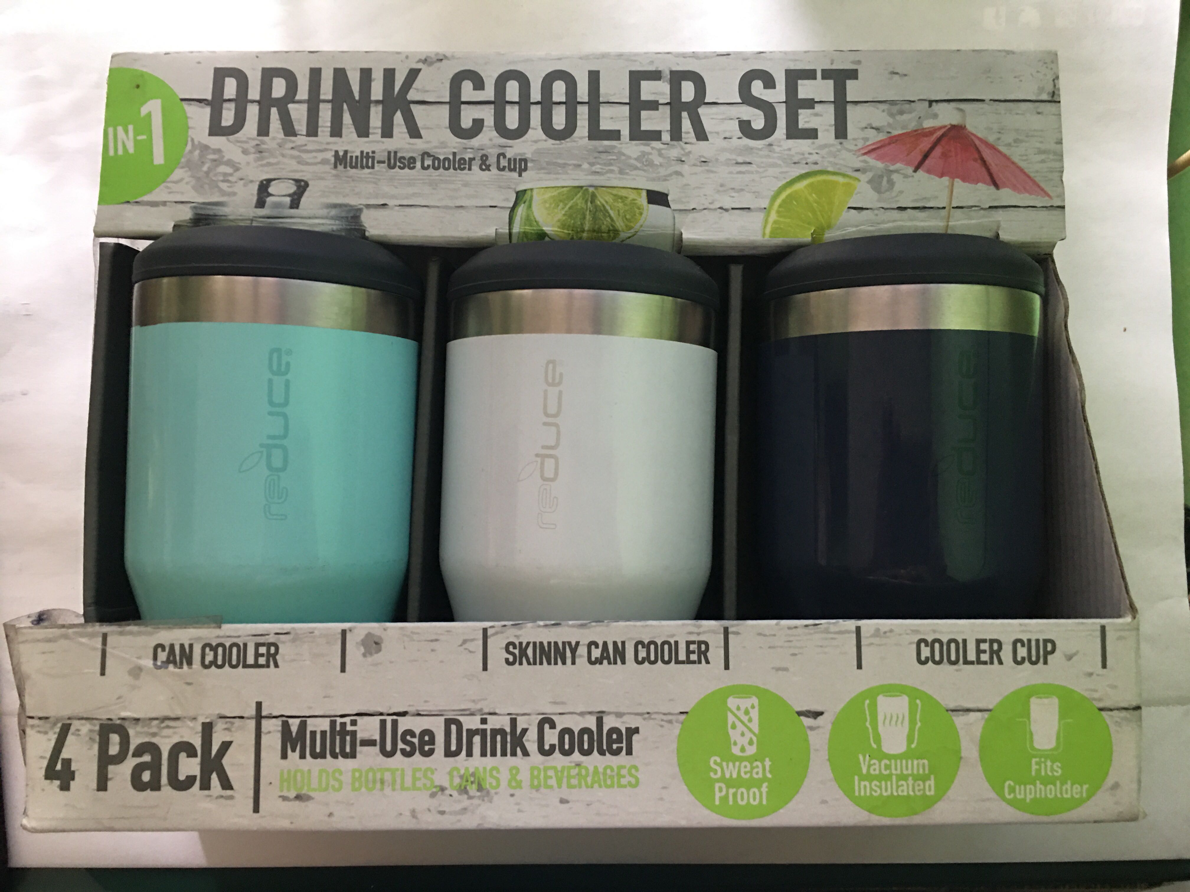 REDUCE 4 in 1 Multi-Use Drink Cooler & Cup Set 4 Pack for All Cans &  Bottles New