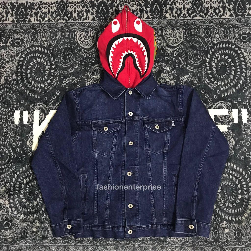 Bape Relaxed Shark Hoodie Denim Jacket Men s Fashion Coats
