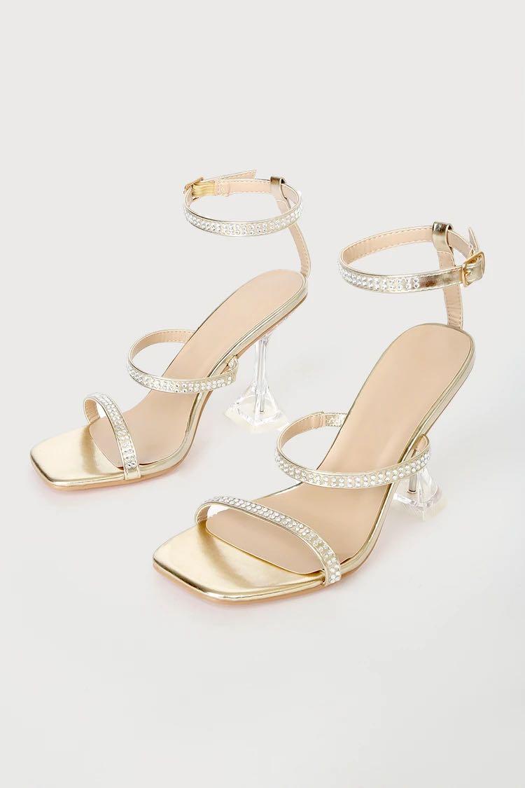 BNIB Lulus Vianey GOLD Rhinestone Ankle Strap High Heel Sandals