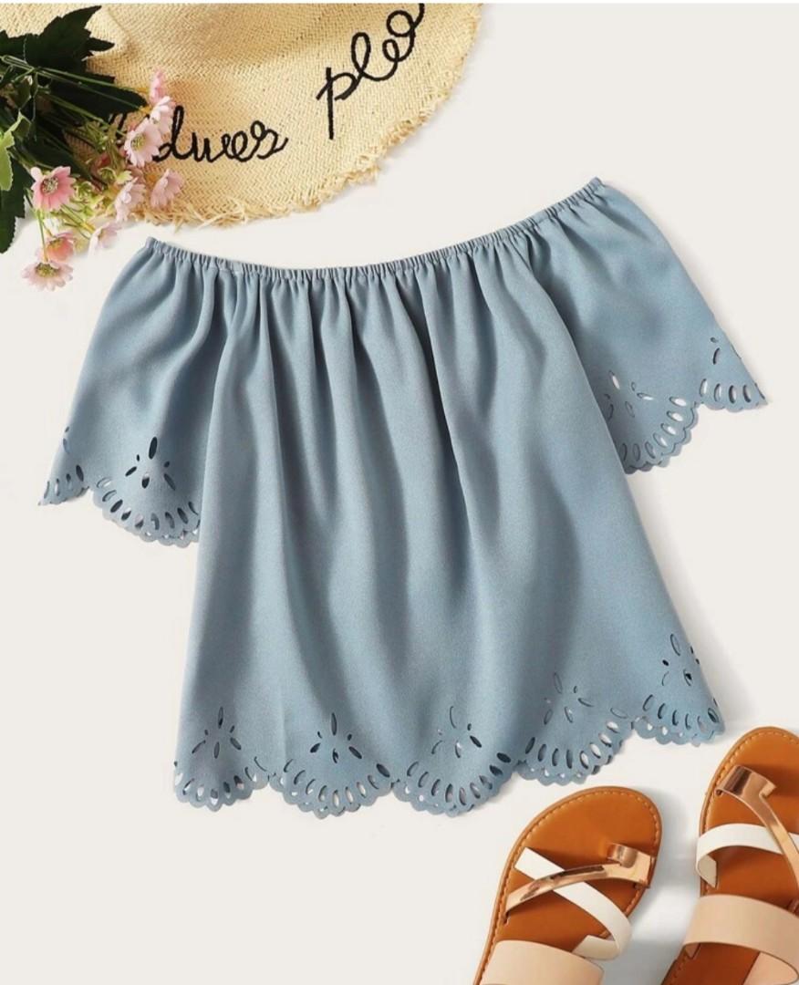 Laser Cut Scalloped Bardot Top, Women's Fashion, Tops, Blouses on Carousell