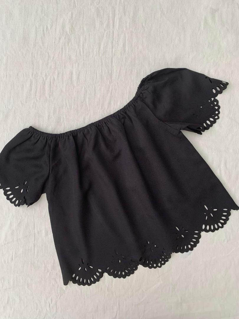 Laser Cut Scalloped Bardot Top, Women's Fashion, Tops, Blouses on Carousell