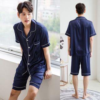 【M-5XL READY STOCK】Men's pajamas summer short sleeve shorts simulation silk satin loose plus size ice silk home clothes