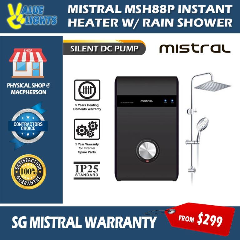 Mistral Instant Shower Water Heater Rain Shower with DC Pump MSH88P  MSH88MBK, TV u0026 Home Appliances, Water Heater u0026 Instant Showers on Carousell