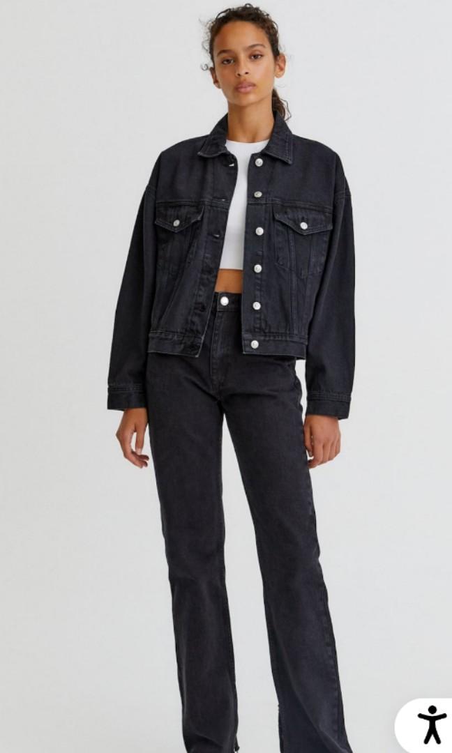 pull \u0026 bear denim jacket black, Fesyen 