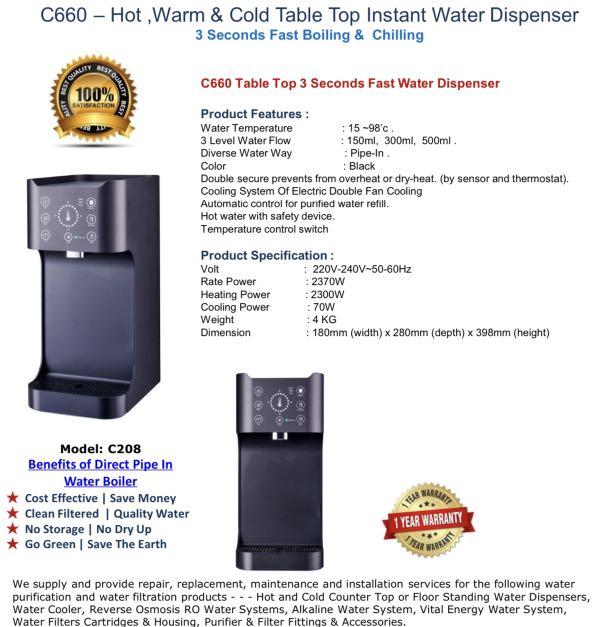 Sleek & Compact Tankless Hot, Cold, Ambient Water Dispenser, TV & Home