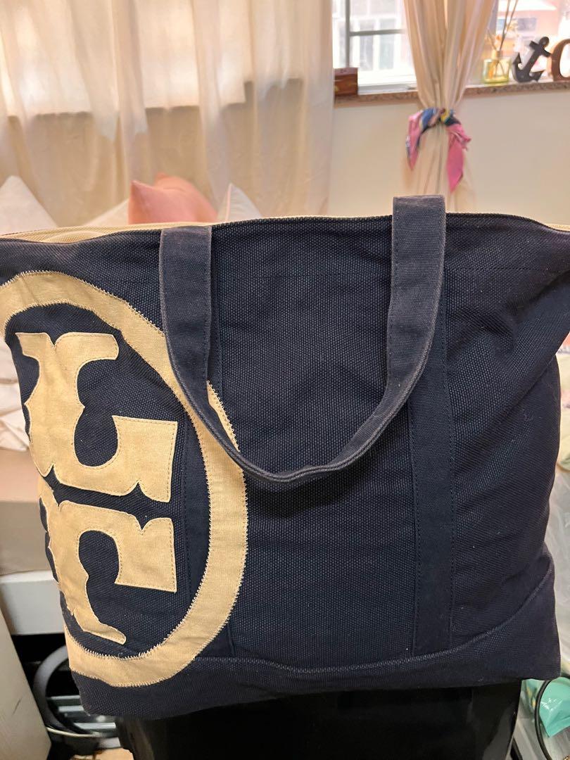 Canvas Tory Burch Zip Beach Tote Bag (Navy/Natural), 女裝, 手袋及銀包, 沙灘袋-  Carousell