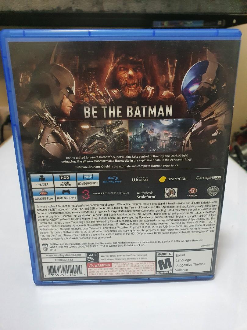 Batman Arkham Knight (ps4, region 3) (Category: PlayStation) located in Quezon City. Submitted by itemsforadoption (Listing ID 1143907858, Image 2). Description: Rfs: Its 2022! Happy New Year everyone. Now is a time to be joyous and declutter. And I'm doing just that this season. If you're interested in a game, I'm also will to accept trade in like trading old games for a newer one. Just send a message my way Transform into Batman and take upon y