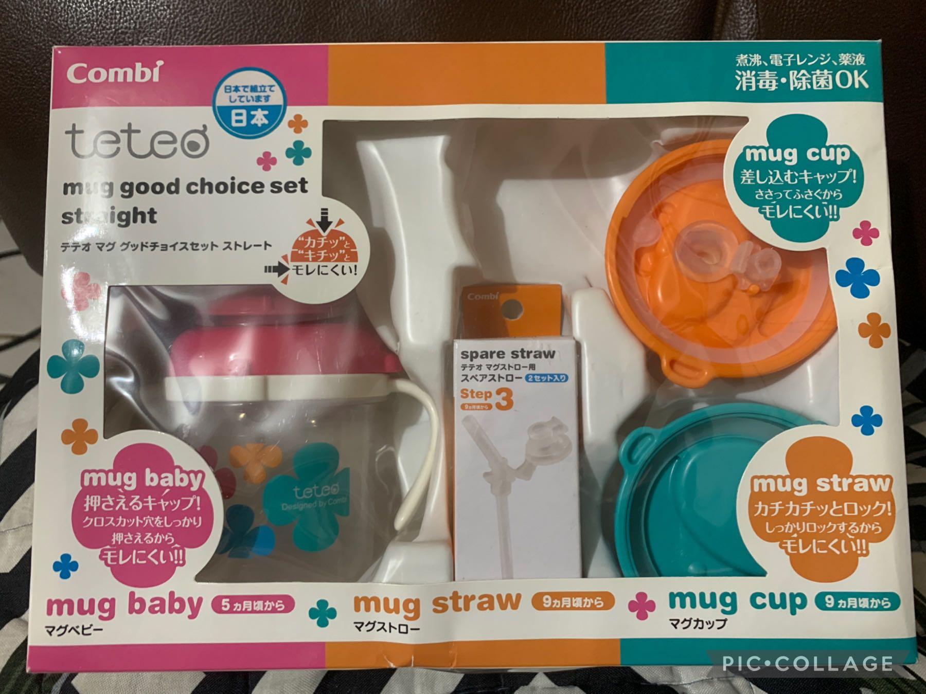 Combi Teteo Mug Good Choice Set Straight (Category: Breastfeeding & Bottle Feeding) located in Manila. Submitted by sheng5207418 (Listing ID 1143868093, Image 1). Description: originally bought in japan, used only twice, yung orange lng ang nagamit.merong spare na straw. mug baby pink from 5months mug straw orange from 9months mug cup green from 9months.