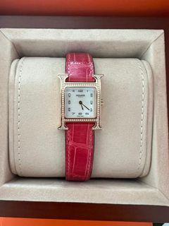 HERMÈS TIMEPIECES - Heure H 21mm 18-Karat Rose Gold, Alligator, Mother-Of-Pearl And Diamond Watch - Red