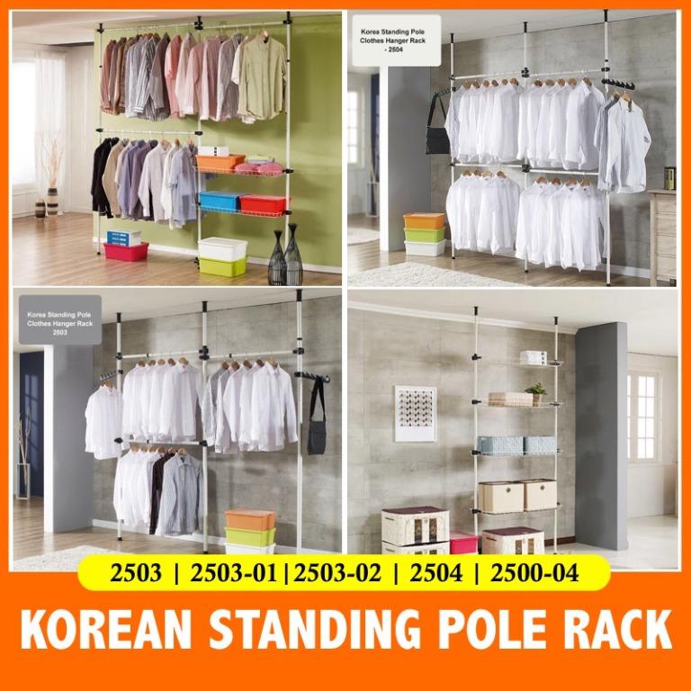Korean Standing Pole Rack 4-Tier Storage Pole Clothes Stand Wardrobe ...