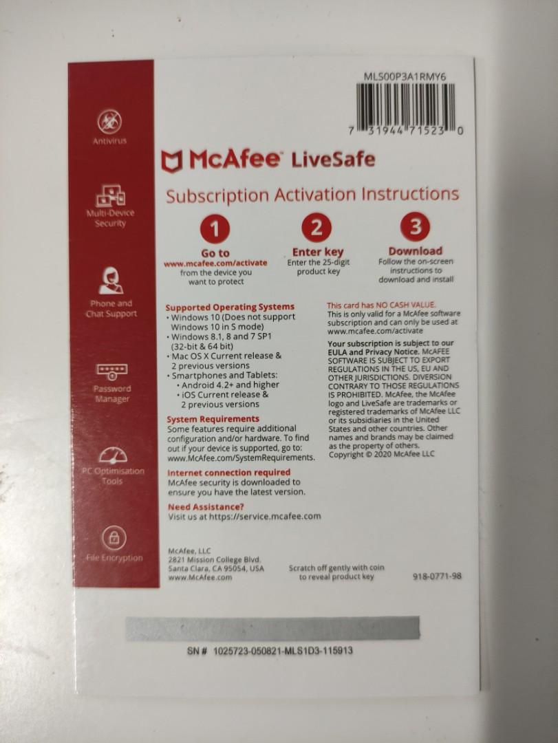 McAfee Livesafe antivirus 3 years rm70, TV & Home Appliances ...