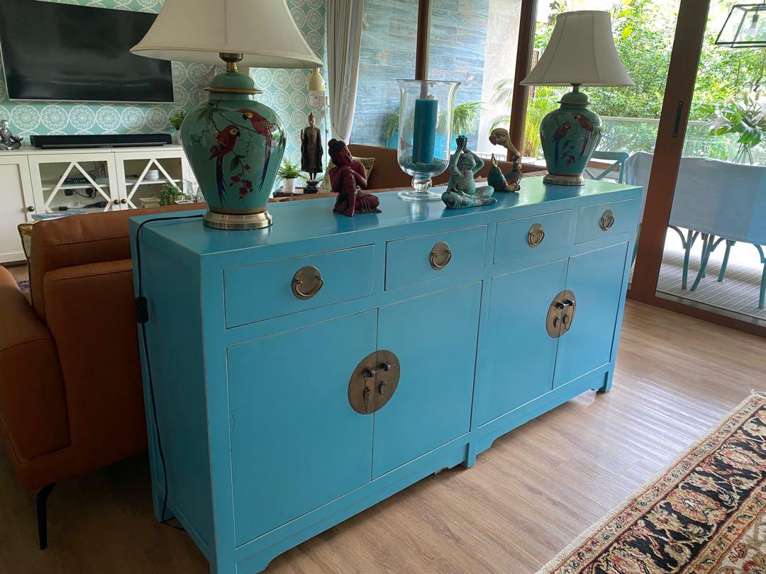 Rustic Sideboard (Category: Shelves, Cabinets & Racks) located in Singapore. Submitted by adeya (Listing ID 1143909778, Image 1). Description: Beautiful rustic Elmwood 4 drawer sideboard. Custom made, around 1 yr old but in perfect, mint condition. only selling as we are now looking to replace with another colour😅 Original price $1900 dimensions 180(w) x 87(h) x 40(d) Price is fixed! .