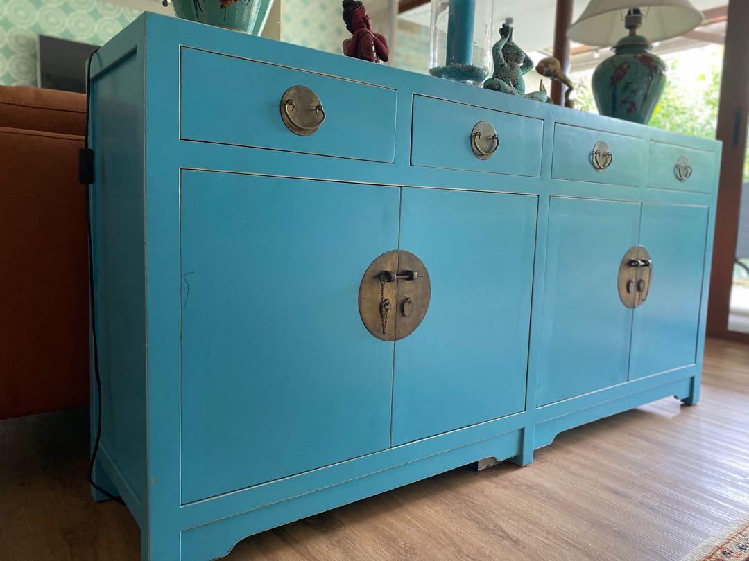 Rustic Sideboard (Category: Shelves, Cabinets & Racks) located in Singapore. Submitted by adeya (Listing ID 1143909778, Image 2). Description: Beautiful rustic Elmwood 4 drawer sideboard. Custom made, around 1 yr old but in perfect, mint condition. only selling as we are now looking to replace with another colour😅 Original price $1900 dimensions 180(w) x 87(h) x 40(d) Price is fixed! .