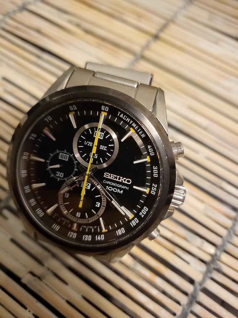 Seiko chronograph Tachymeter with SPORTY yellow details, Luxury, Watches on  Carousell