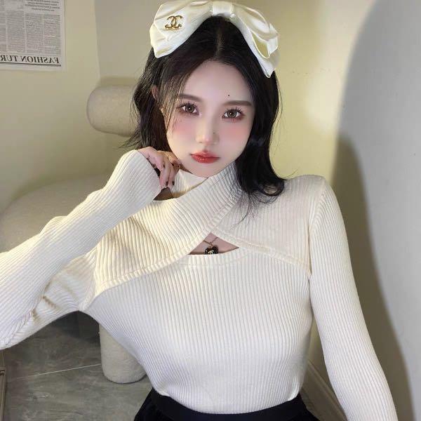 White Knitted Long Sleeve Halter Neck Women s Fashion Tops Longsleeves on Carousell
