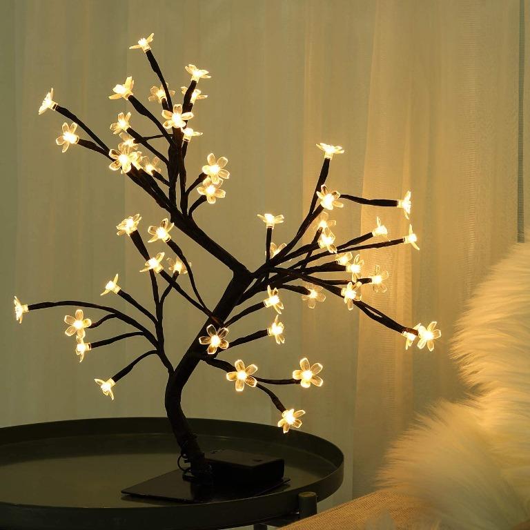 Cherry Blossom Bonsai Tree, Eighteen Inch, 48 LED Lights, Warm White and  Color-changing Modes