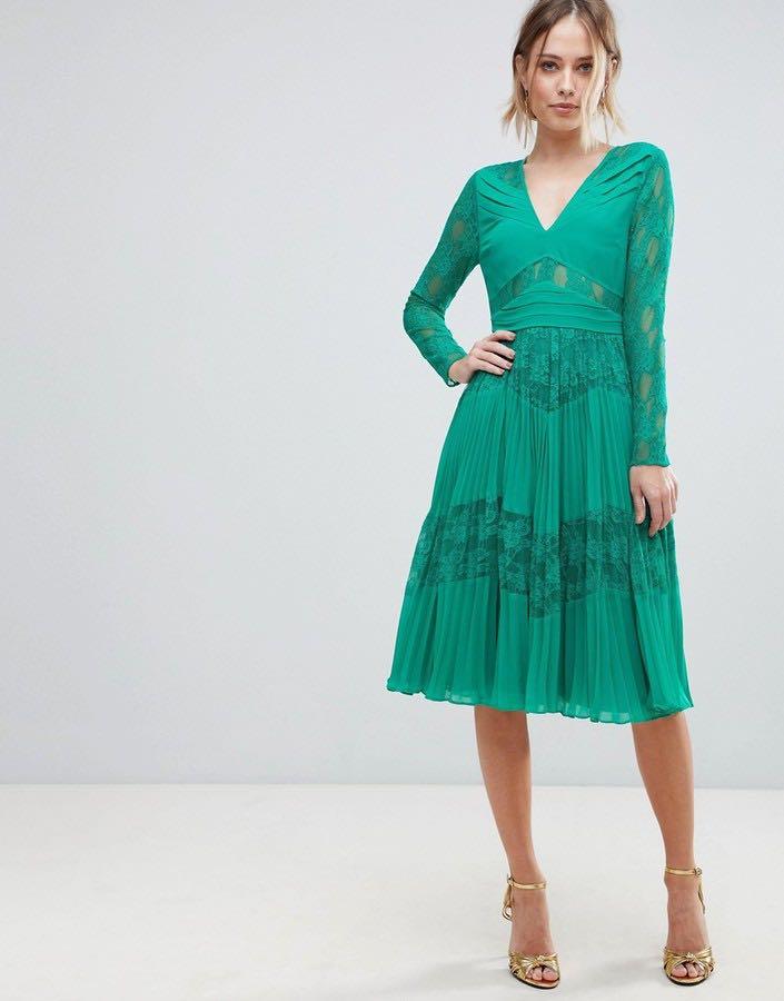 ASOS Pleated Lace Emerald Green Midi Dress Women s Fashion Dresses Sets Dresses on Carousell