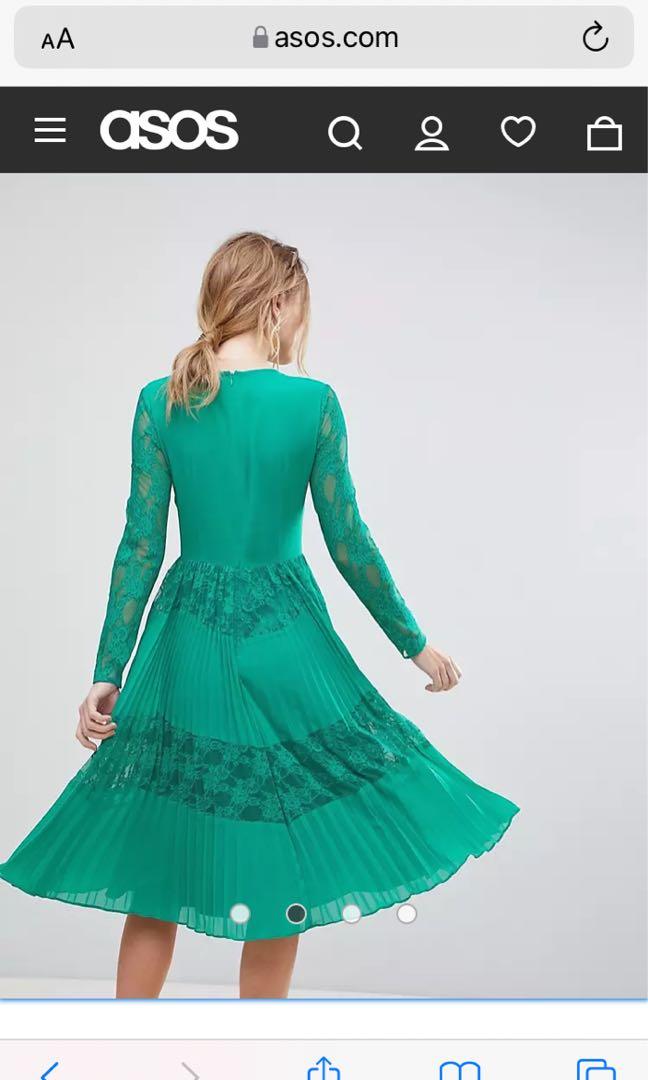 ASOS Pleated Lace Emerald Green Midi Dress