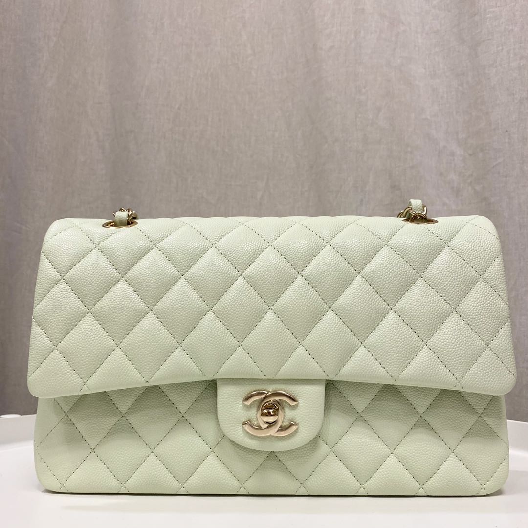 Authentic Chanel 22C Light Green Medium Classic Flap bag in Caviar Light Gold  hardware, Luxury, Bags & Wallets on Carousell