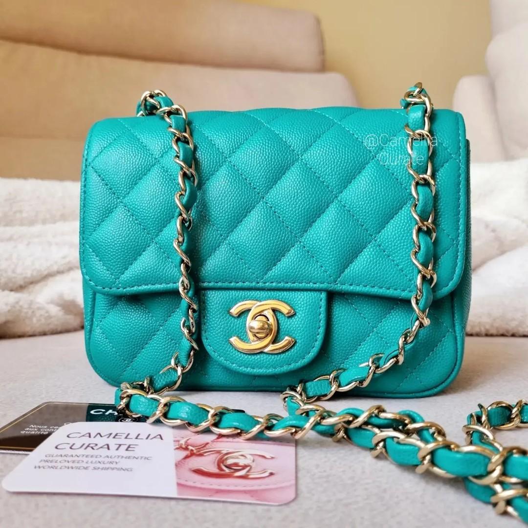 Chanel Mini Caviar 17c Turquoise Square Light Gold HW, Luxury, Bags &  Wallets on Carousell