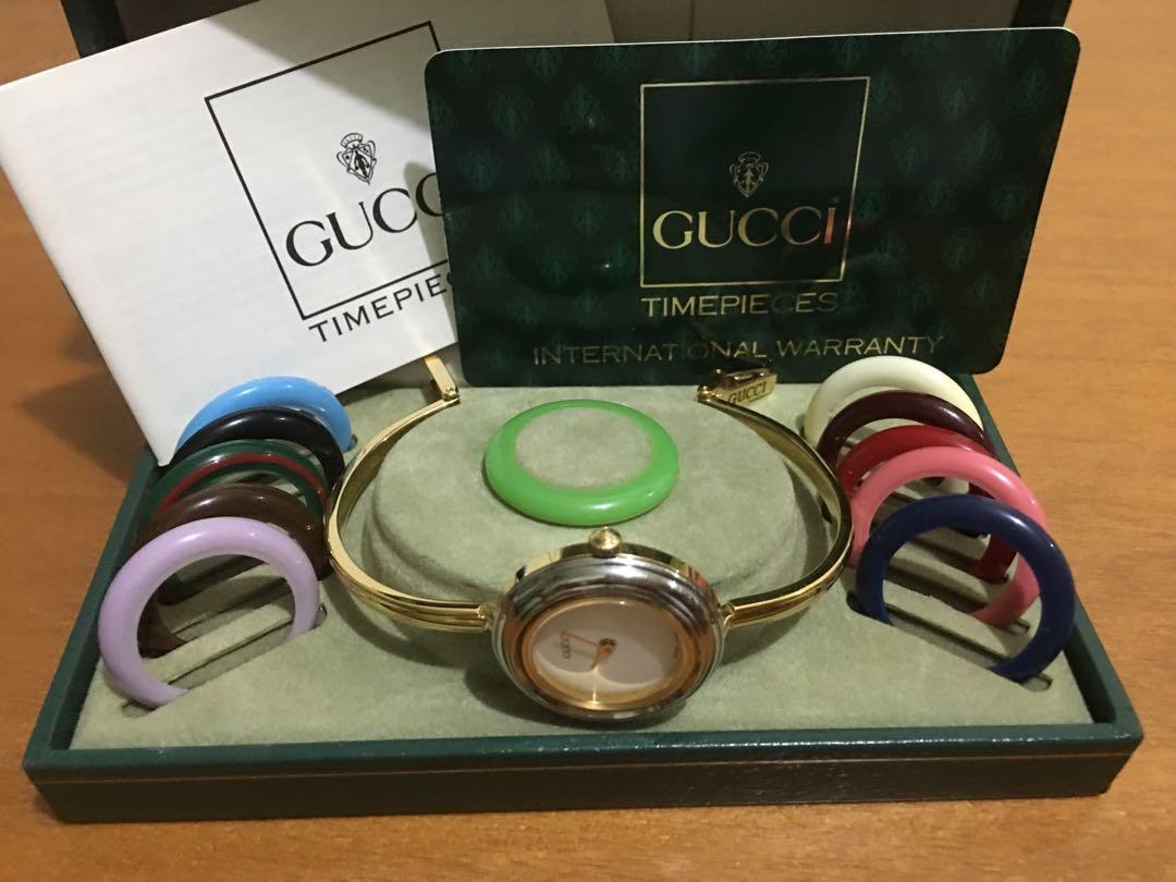 Gucci Bezel Watch (Category: Luxury Watches) located in Quezon City. Submitted by mslen08 (Listing ID 1144202950, Image 1). Description: Own a piece of a limited edition Gucci Bezel watch L200. Selling my almost new Gucci Bezel watch comes complete. 👑Original with serial number at the back of the watch 👑 With rare Cherryline bezel 🍒 Plus silver ring 🩶 💛guaranteed authentic with gucci card💛 RFS: closet clean up What set us apart from other G