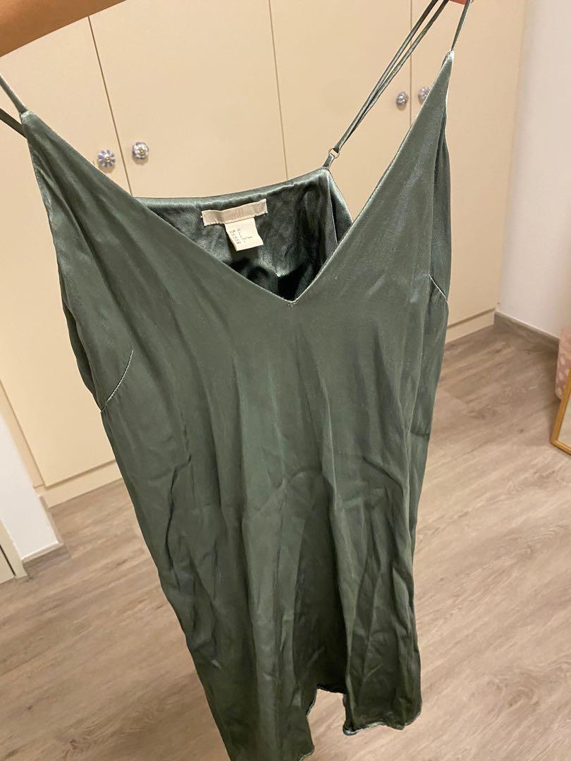 H&M satin olive green slip mini dress, Women's Fashion, Dresses & Sets,  Dresses on Carousell