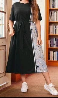Plus Size Belted Dress with Leaf Printed Side
