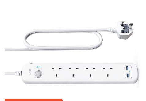 Anker Extension Lead with 2 USB Ports and 4 Wall Outlets Power Strip 2m Cable 