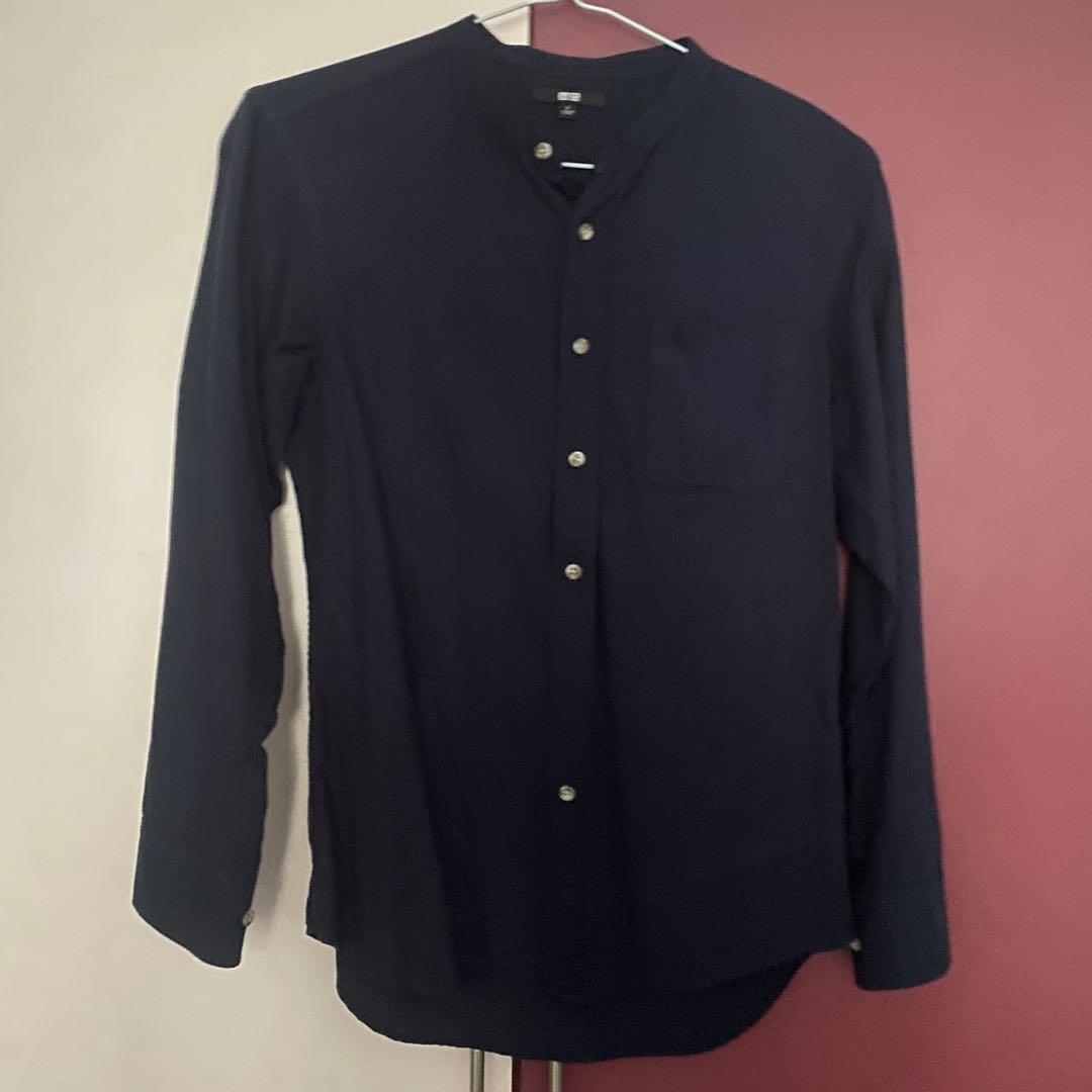 Uniqlo Navy Mandarin Collar Shirt, Men's Fashion, Tops & Sets, Tshirts ...