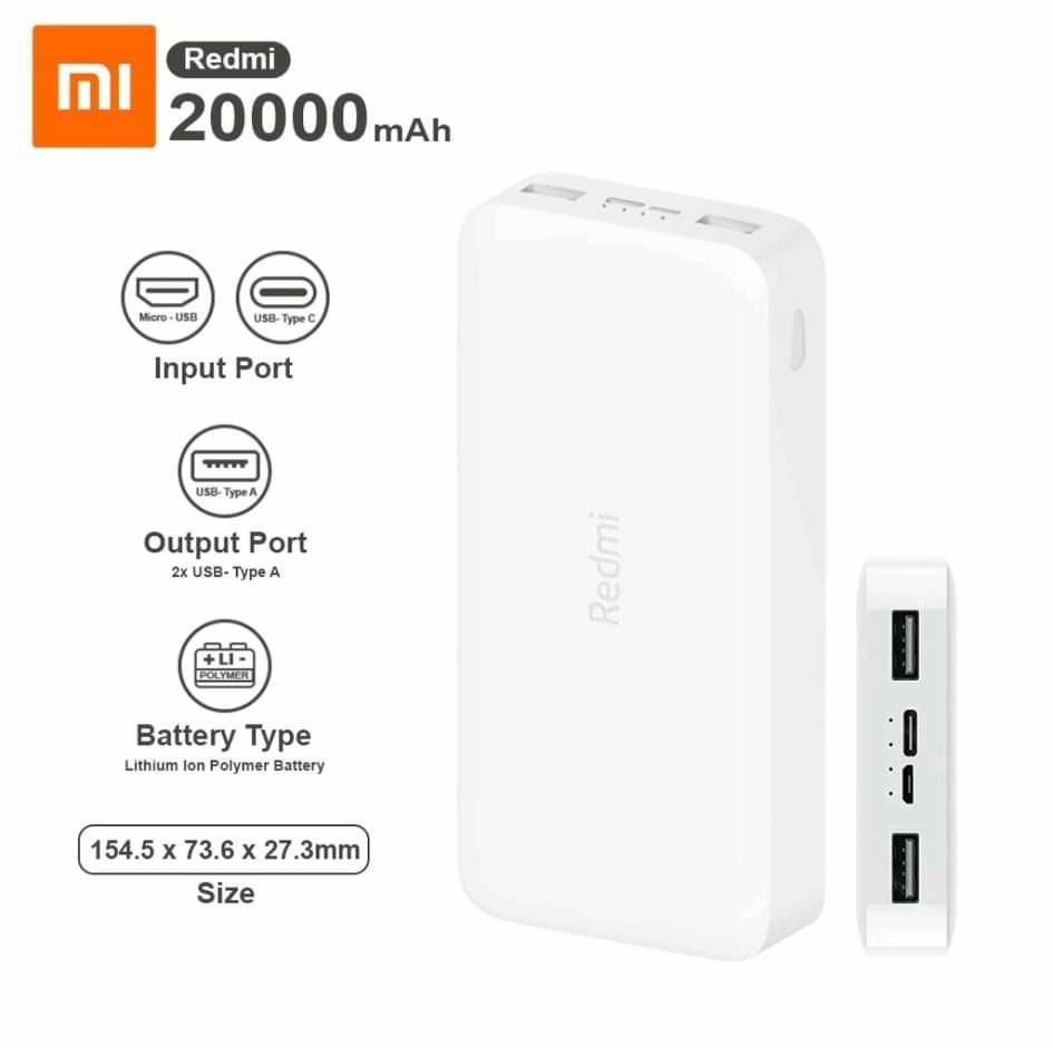 Xiaomi 20000mAh Redmi Power Bank 74Wh 18W 3.6A Rapid Charging Dual USB  Outputs for Two Devices at Once, microUSB & USB-C Input, Portable Travel