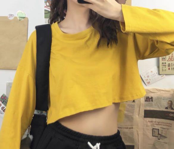 Yellow Long Sleeves Crop Top Women s Fashion Tops Longsleeves on Carousell