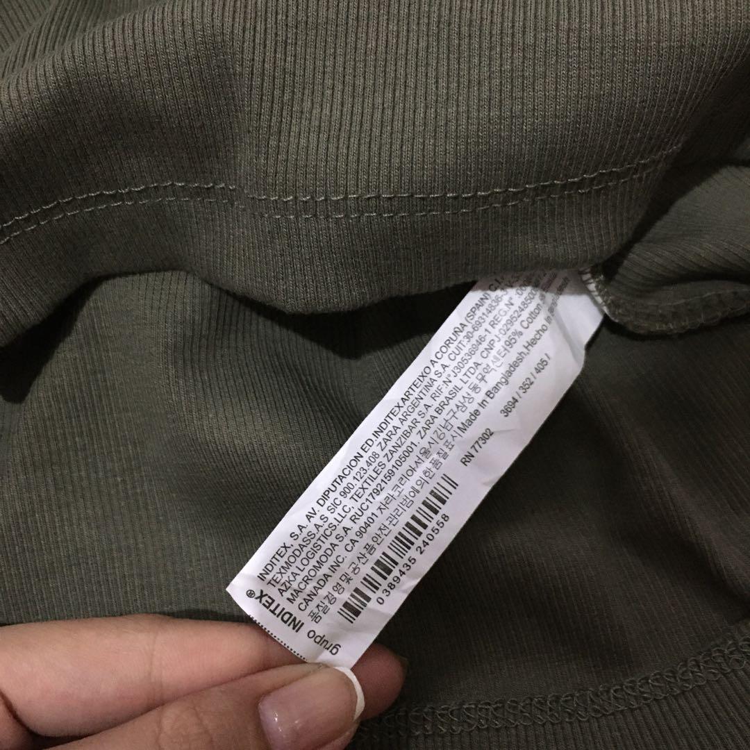 Zara Army green Basic Tee (Category: Blouses) located in Quezon City. Submitted by thriftees21 (Listing ID 1144151733, Image 3). Description: Not used no flaw or whatsoever Just cut tag very good quality Large on tag but fit medium .