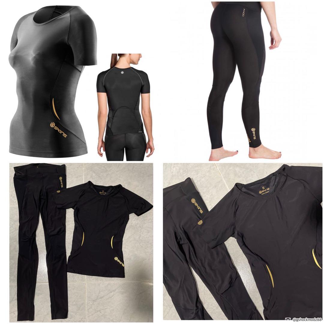 AUTHENTIC SKINS A400 WOMEN COMPRESSION TIGHTS SET SHORT SLEEVE TOP and  BOTTOM SPORTS PANTS - BLACK