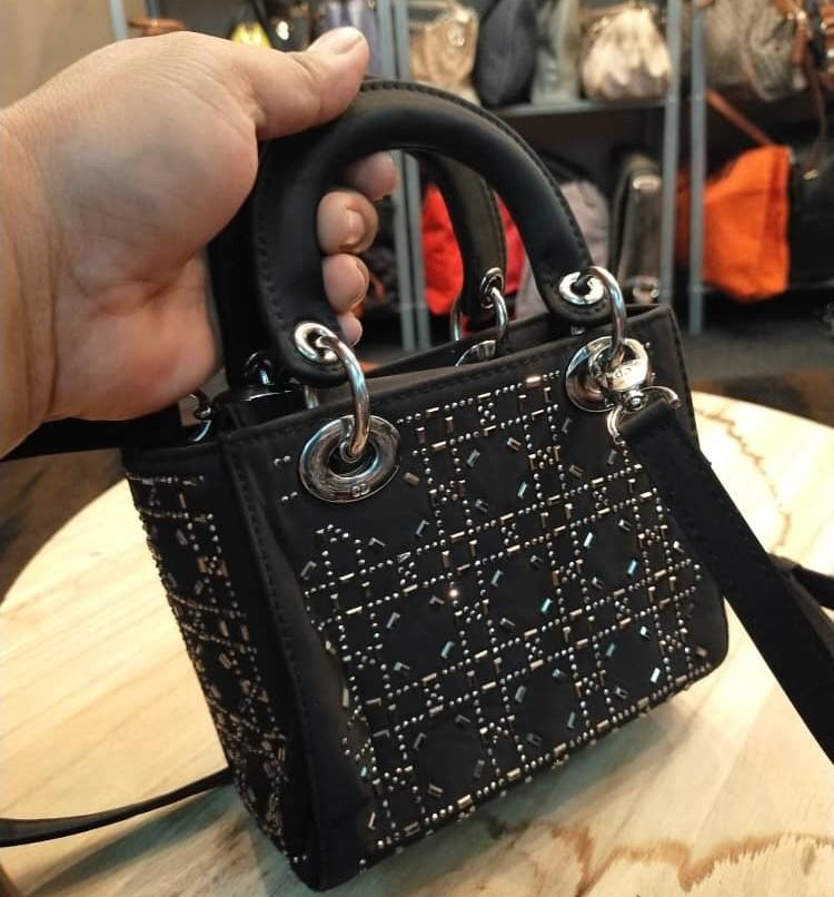 Mini lady dior bag in store black cannage satin with rhinestones