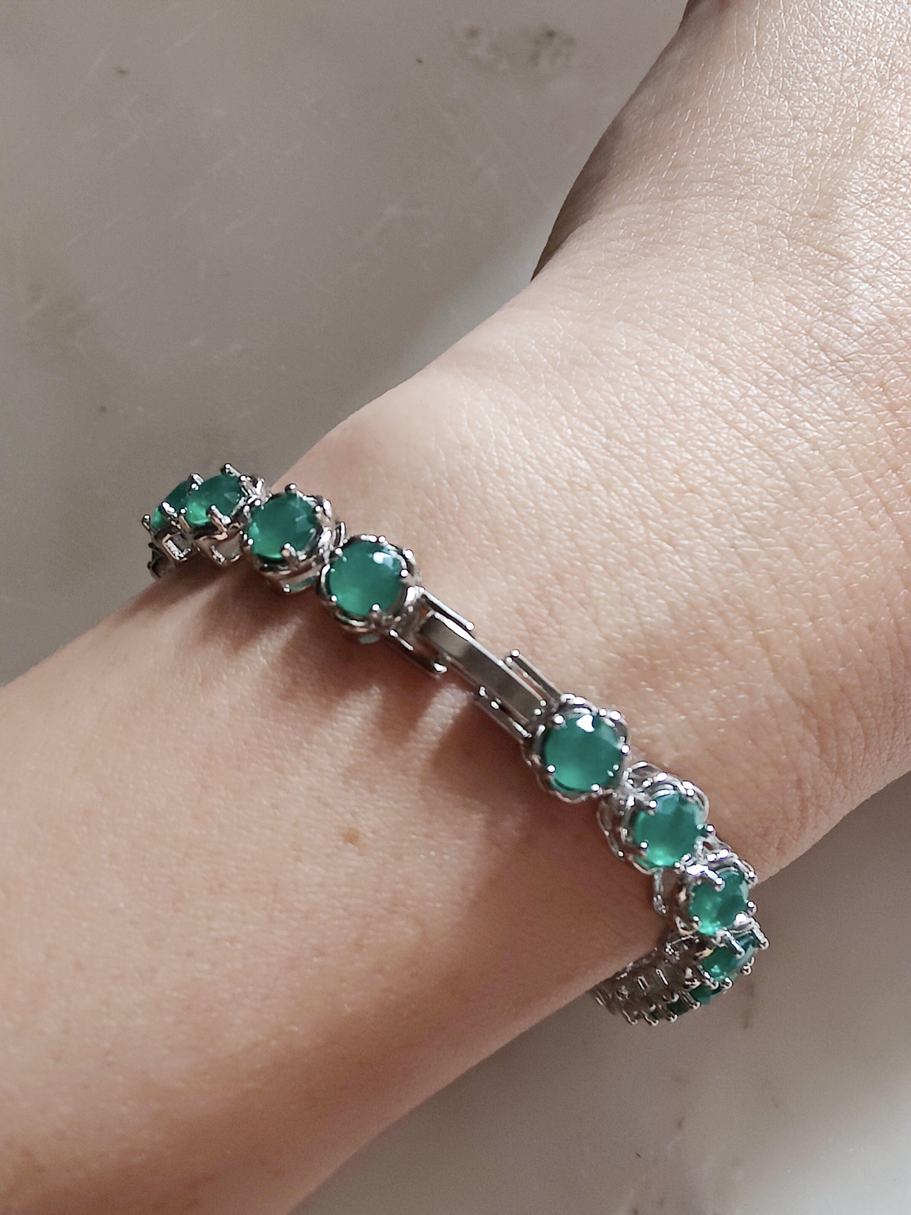 Marquise Cut Green Emerald Bracelet w/ Diamond Accents 14K Yellow Gold