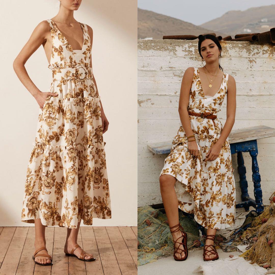 Few AU10 Shona Joy Bella Linen Plunged Tiered Midi Dress
