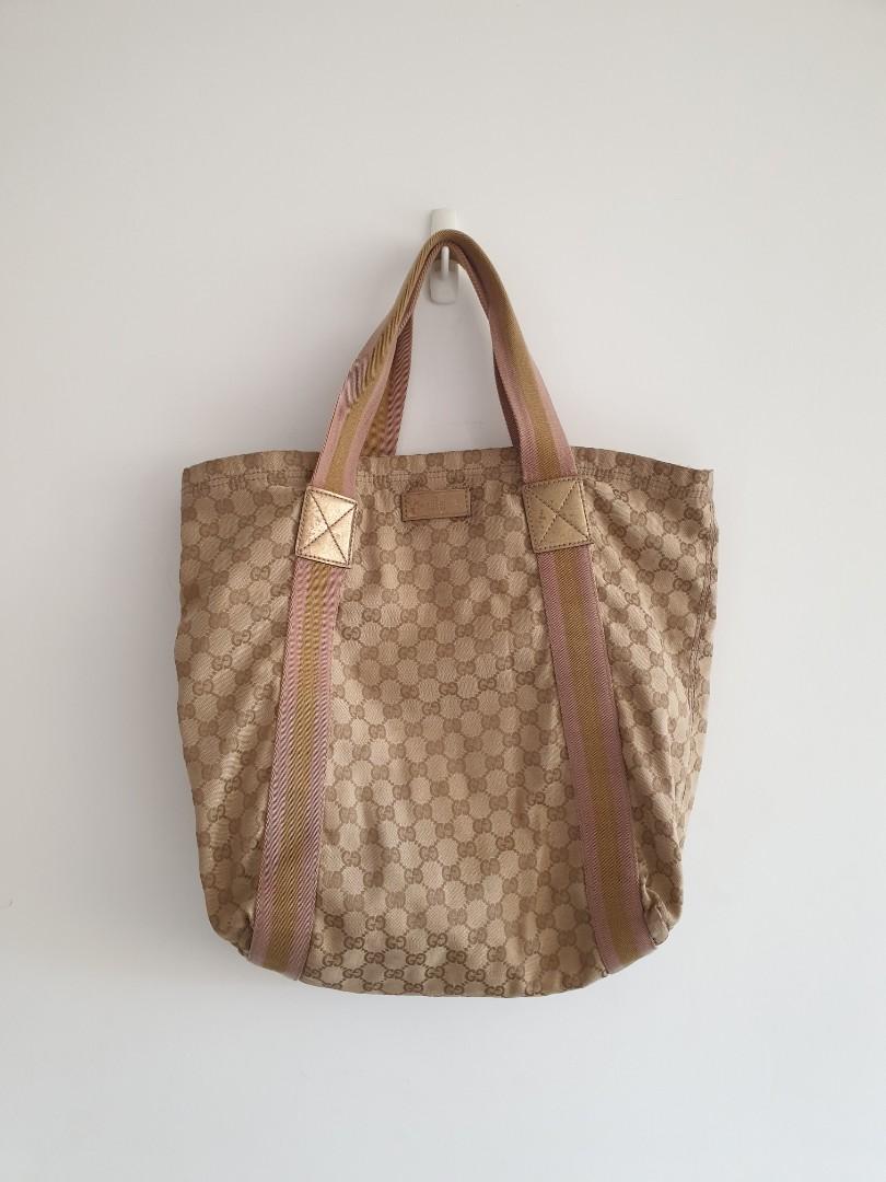 Gucci Beige/Gold GG Canvas Vintage Web Large Tote Bag - Yoogi's Closet