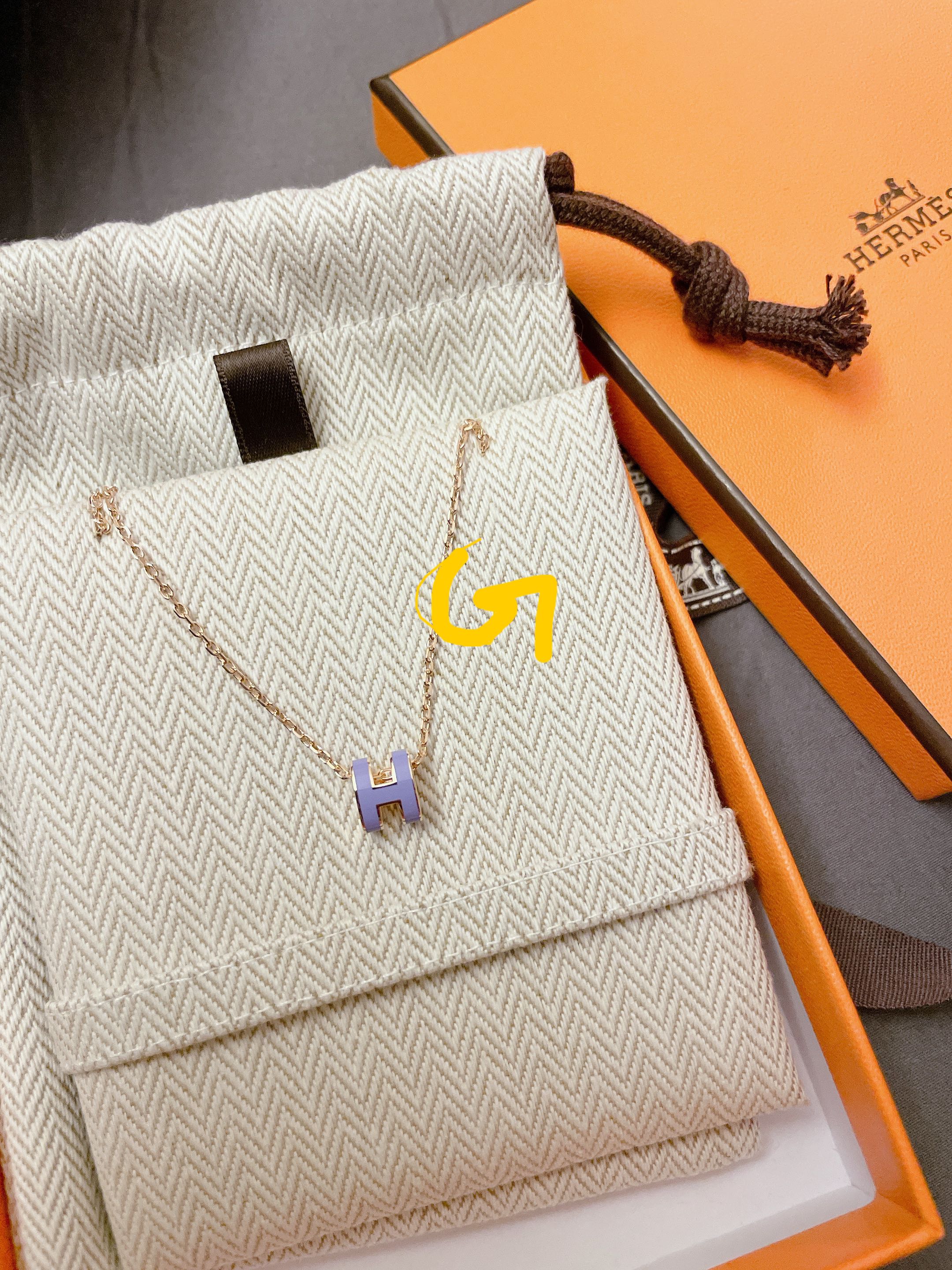 Hermes Mini Pop H Necklace Lilac Rose Gold 丁香紫玫瑰金色鏈