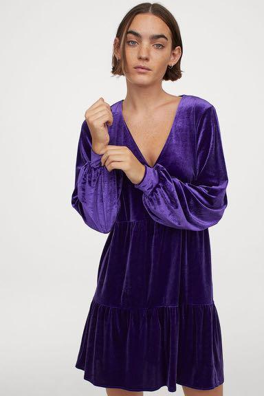 H M purple velour v neck dress