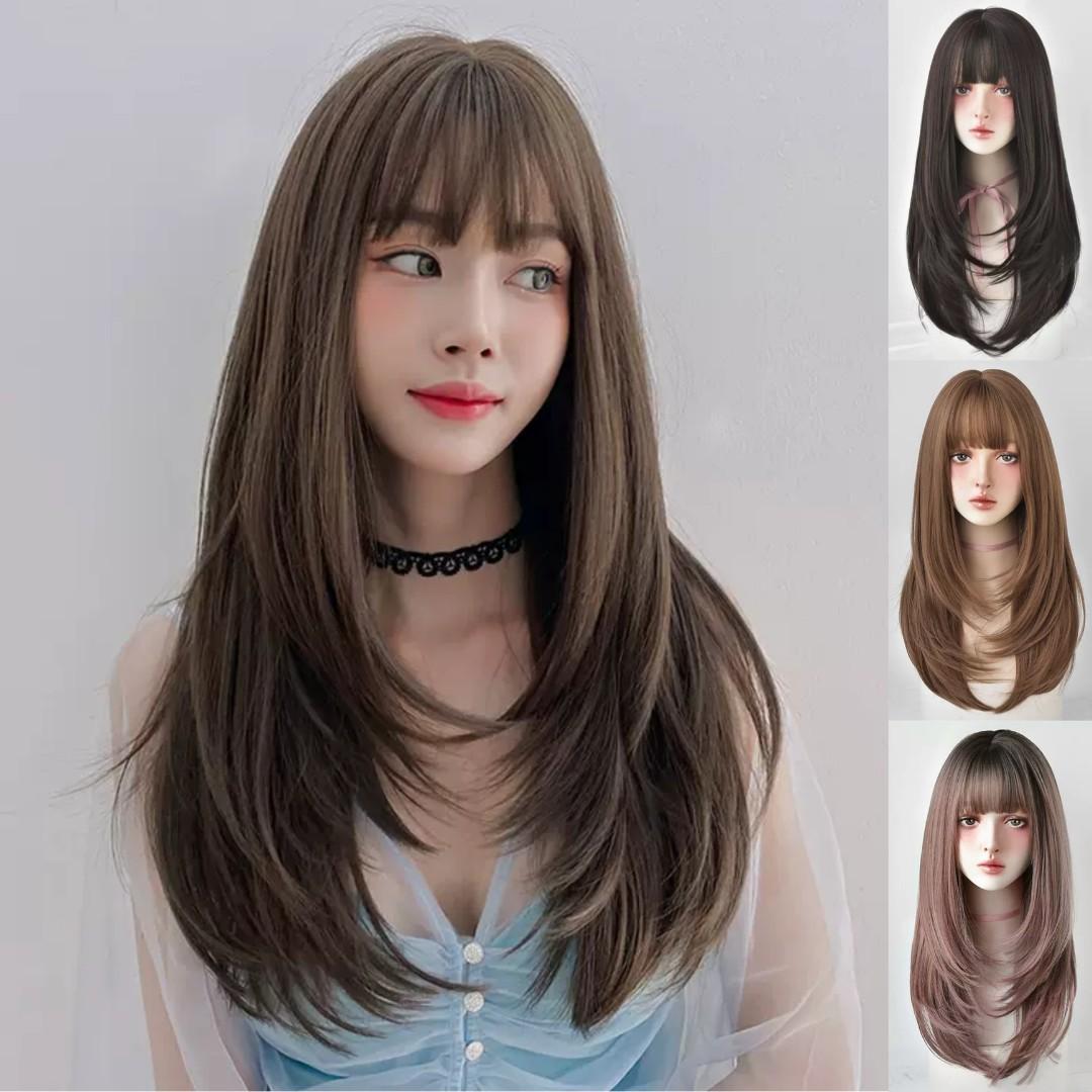 INSTOCK] Korean 4 Colors Layered Long Airy Bangs Wig Adjustable/Breathable,  Beauty & Personal Care, Hair on Carousell