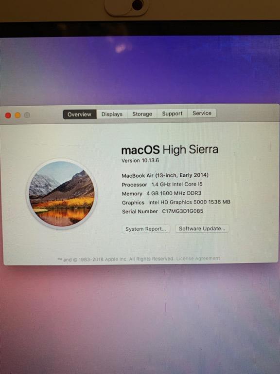 Macbook Air 13” Early 2014 (Category: Laptops & Notebooks) located in Manila. Submitted by millicentsofia (Listing ID 1144265489, Image 2). Description: FOR SALE! Macbook Air 13” Early 2014 With dent (see pic) No hidden issue Actual picture posted Technical Specifications: ▪️1.4Ghz Intel Core i5 ▪️4GB 1600 Mhz DDr3 ▪️128GB SSD ▪️Intel HD Graphics 500 1536 ▪️macOS High Sierra MB Features: ▪️13inch ▪️Built-in Camera ▪️Built-in WiFi ▪️Built-in Bluet